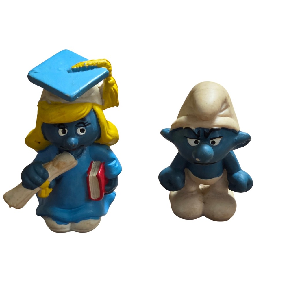 Lot of 2 VTG 1980s Schleich Smurfs Graduation Smurfette & Grumpy Smurf Figures